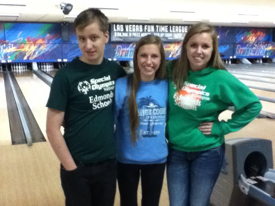 From Left to Right: Jack Baker stands with two of his friends, Brittany Kinsella and Morgan Arbuckle after taking fourth place at the Special Olympics State Tournament for Bowling last fall.