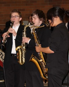 Forest Jackson (center) playing at the June 2011 arts assembly with other members of the 2011 Jazz 1.